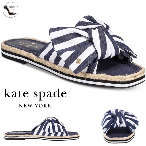 Kate Spade Caliana Stripe Slide Sandal Navy White Flat Designer Summer Shoe 8.5 - Picture 1 of 12